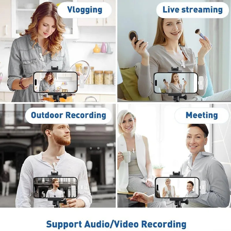 Various scenarios showing a woman vlogging, live streaming, outdoor recording, and video meetings using a wireless lavalier m