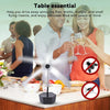 A table essential fly repellent fan is shown with a family enjoying a meal.