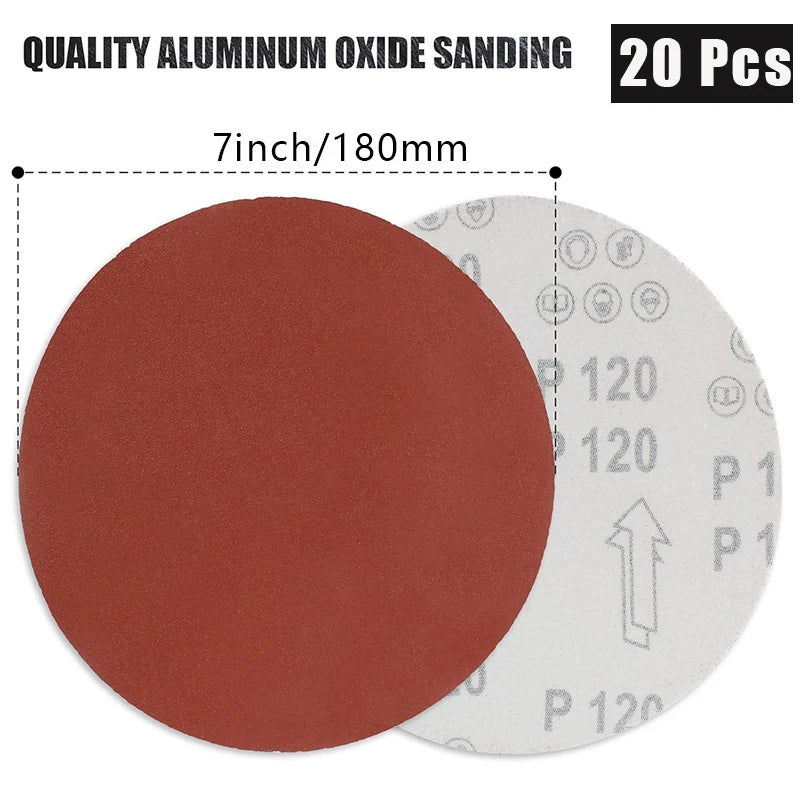 A set of 20 quality aluminum oxide sanding discs, 7 inches in diameter, shown with a red and white color scheme.