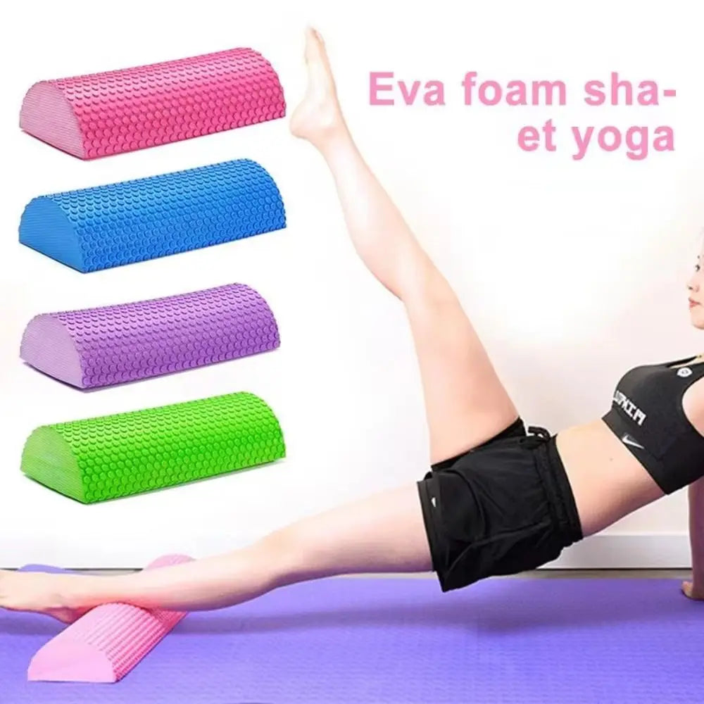 Various colored Eva foam rollers shown in a yoga pose on a purple mat.