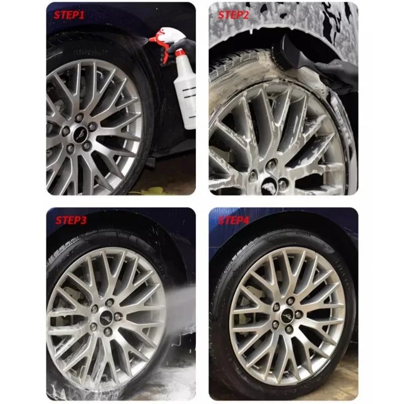 Four steps showing the cleaning of a car wheel and tire using a heavy-duty brush set.