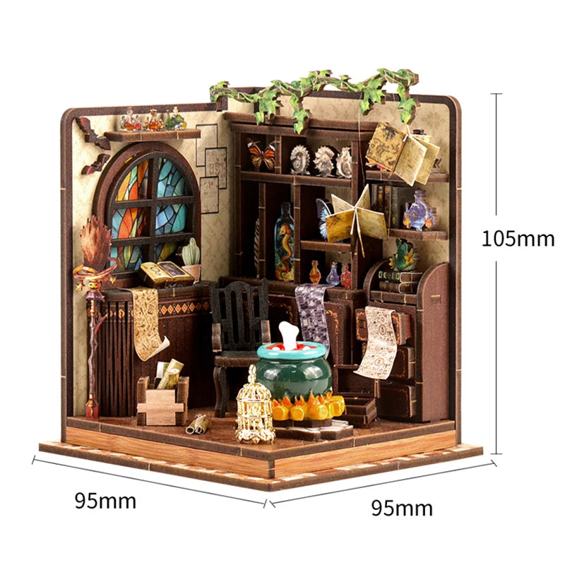 A detailed wooden dollhouse miniature assembly kit featuring various figures and elements with LED lighting.