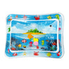 A blue inflatable baby water play mat filled with colorful floating toys and a tropical scene.