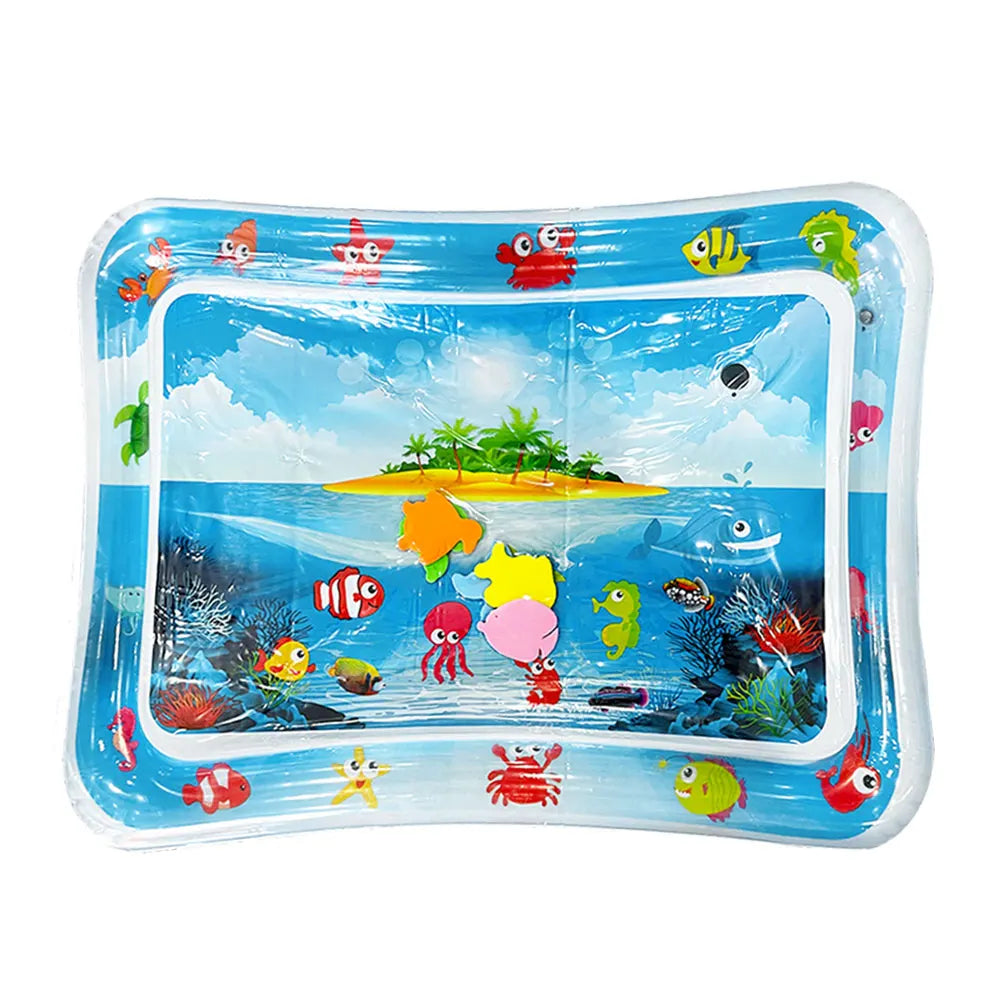 A blue inflatable baby water play mat filled with colorful floating toys and a tropical scene.