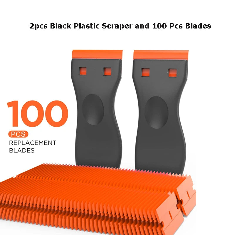 Two black plastic scrapers and one hundred replacement blades are shown next to a strip of orange blades.
