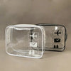 A clear plastic toiletry bag with black icons for travel organization is shown on a neutral background.