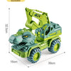 A green dinosaur excavator toy truck featuring a T-Rex figure, shown from the side.