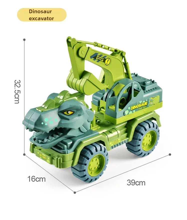 A green dinosaur excavator toy truck featuring a T-Rex figure, shown from the side.