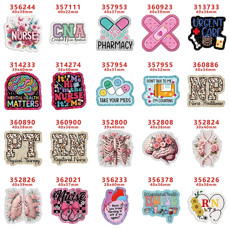 A collection of glitter acrylic nurse badge charms featuring various medical and nursing related designs.