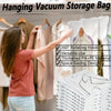 A woman hangs a pink garment on a hanger, demonstrating the hanging vacuum storage bag's rotating hooks and space-saving desi