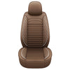 A brown premium PU leather car seat cover with quilted stitching and a headrest.