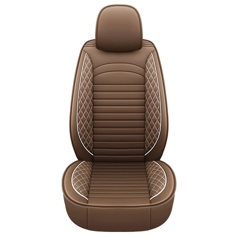 A brown premium PU leather car seat cover with quilted stitching and a headrest.