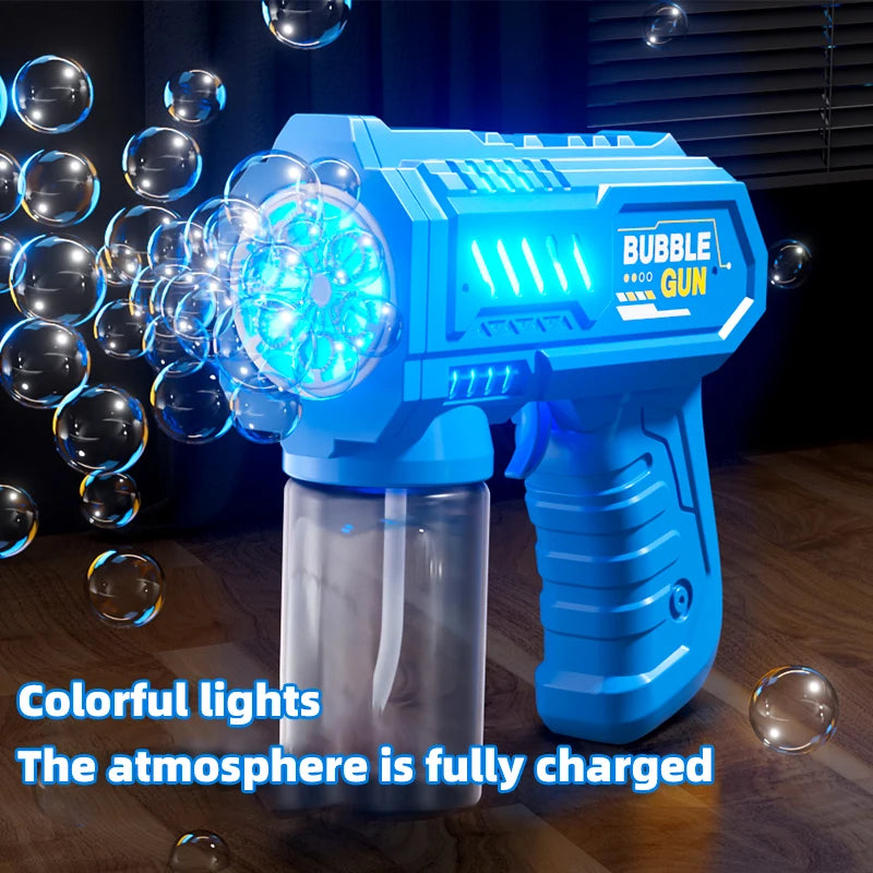 A blue bubble gun is shown firing glowing bubbles in a dark setting.