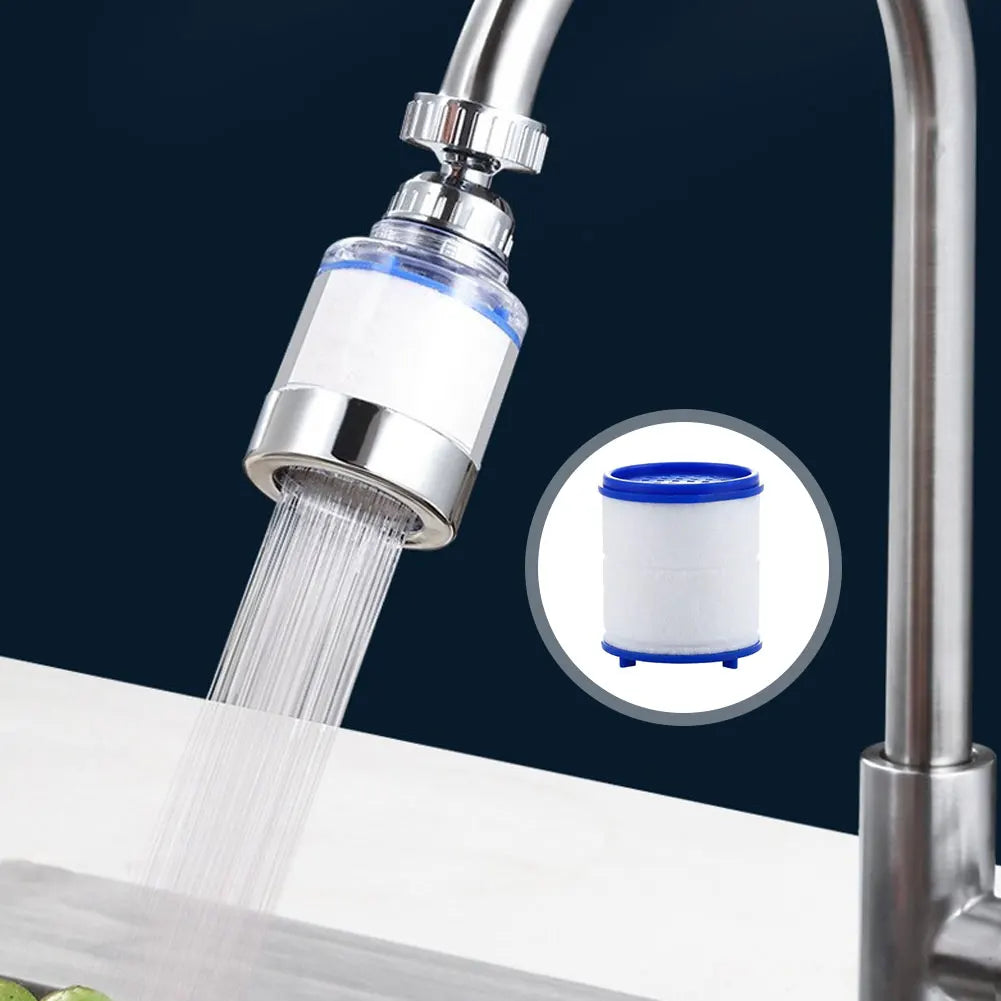 A faucet water filter purifier with a rotating splash head is shown dispensing clear water.