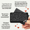 A hand holds a black card with handwritten messages about gifts and love notes.
