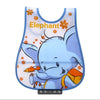 A light blue elephant themed wipeable baby bib with a catch-all pocket for weaning toddlers.