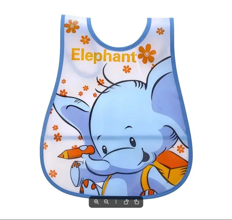 A light blue elephant themed wipeable baby bib with a catch-all pocket for weaning toddlers.
