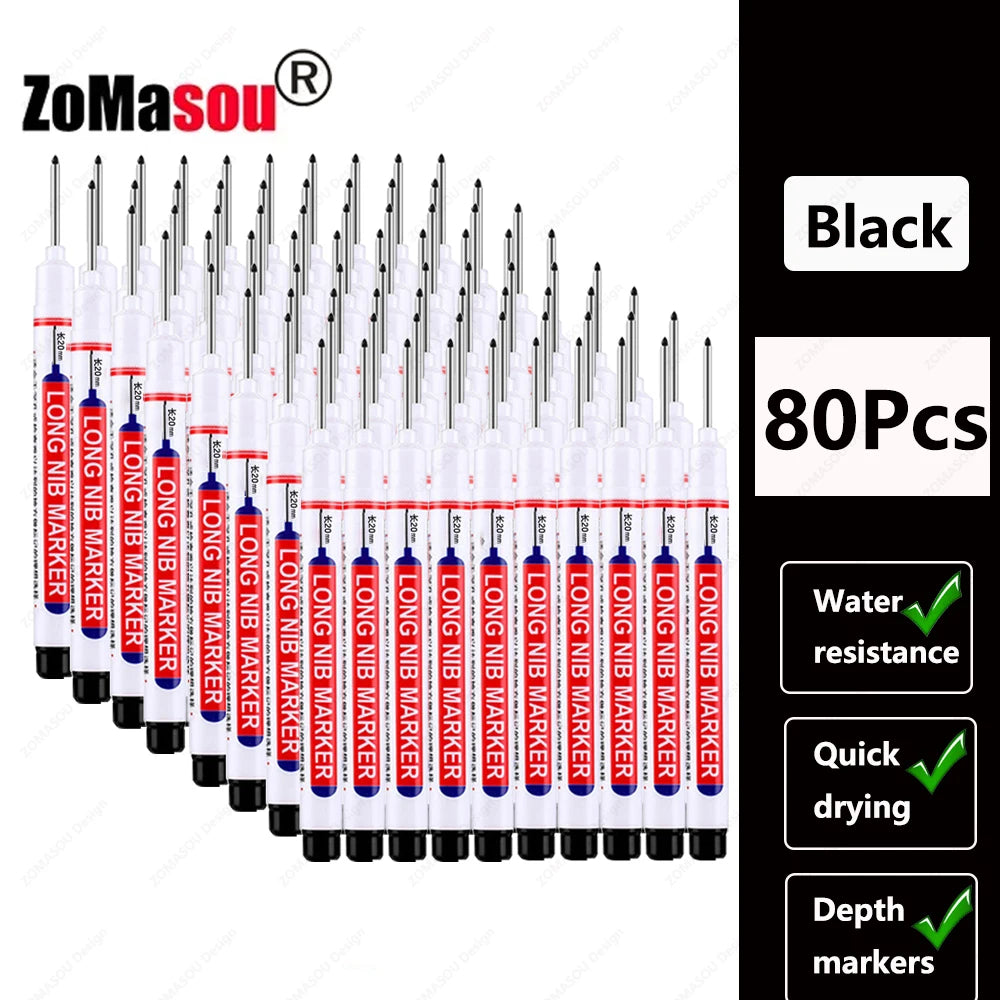 Black long-head waterproof deep hole markers for woodworking and construction, sold in a 80 piece set.