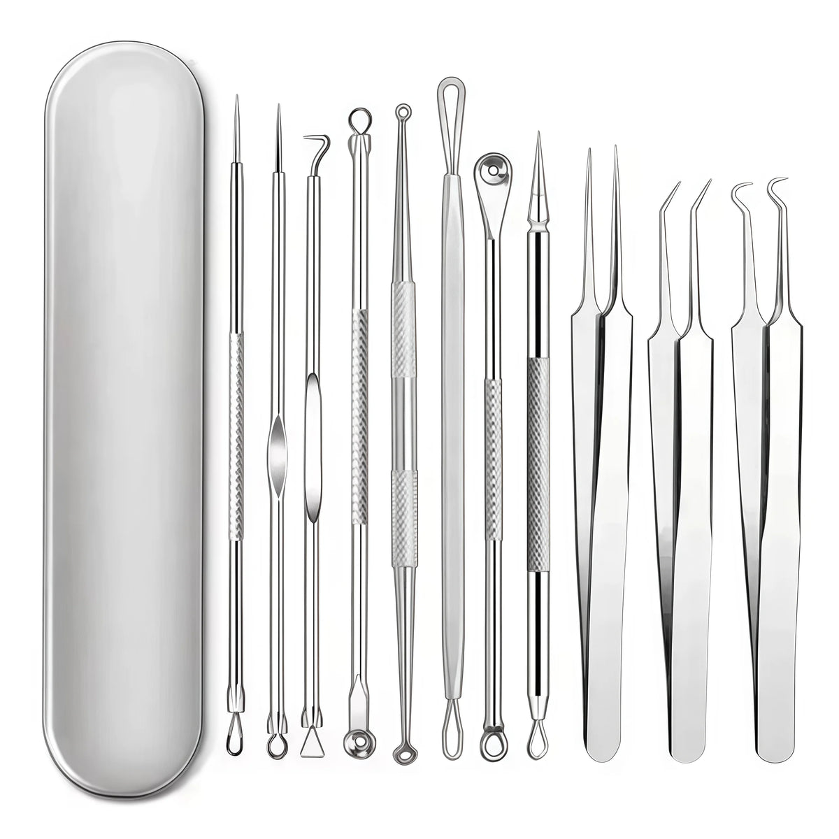 A collection of stainless steel acne and blackhead removal tools displayed against a white background.