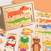 A wooden animal alphabet puzzle featuring various animals like a dog, crocodile, tiger, and bear.