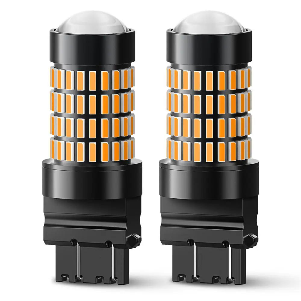 A pair of black LED bulbs for brake lights and turn signals, featuring orange and white light patterns.
