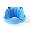 Light blue car seat head support strap with black padding for sleeping children