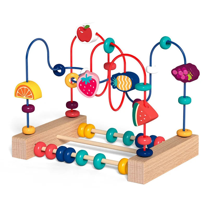 A wooden bead maze toy featuring colorful fruit shapes on a wooden track for toddlers.