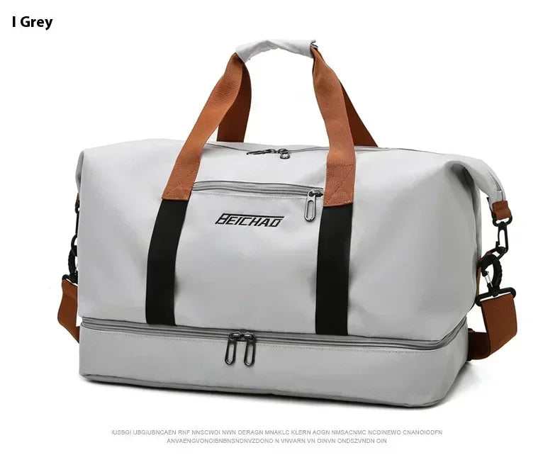 A grey and white travel duffle bag with brown straps and a silver zipper.