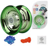 A green professional aluminum yo-yo with a clear center and an accompanying YoYo product package.