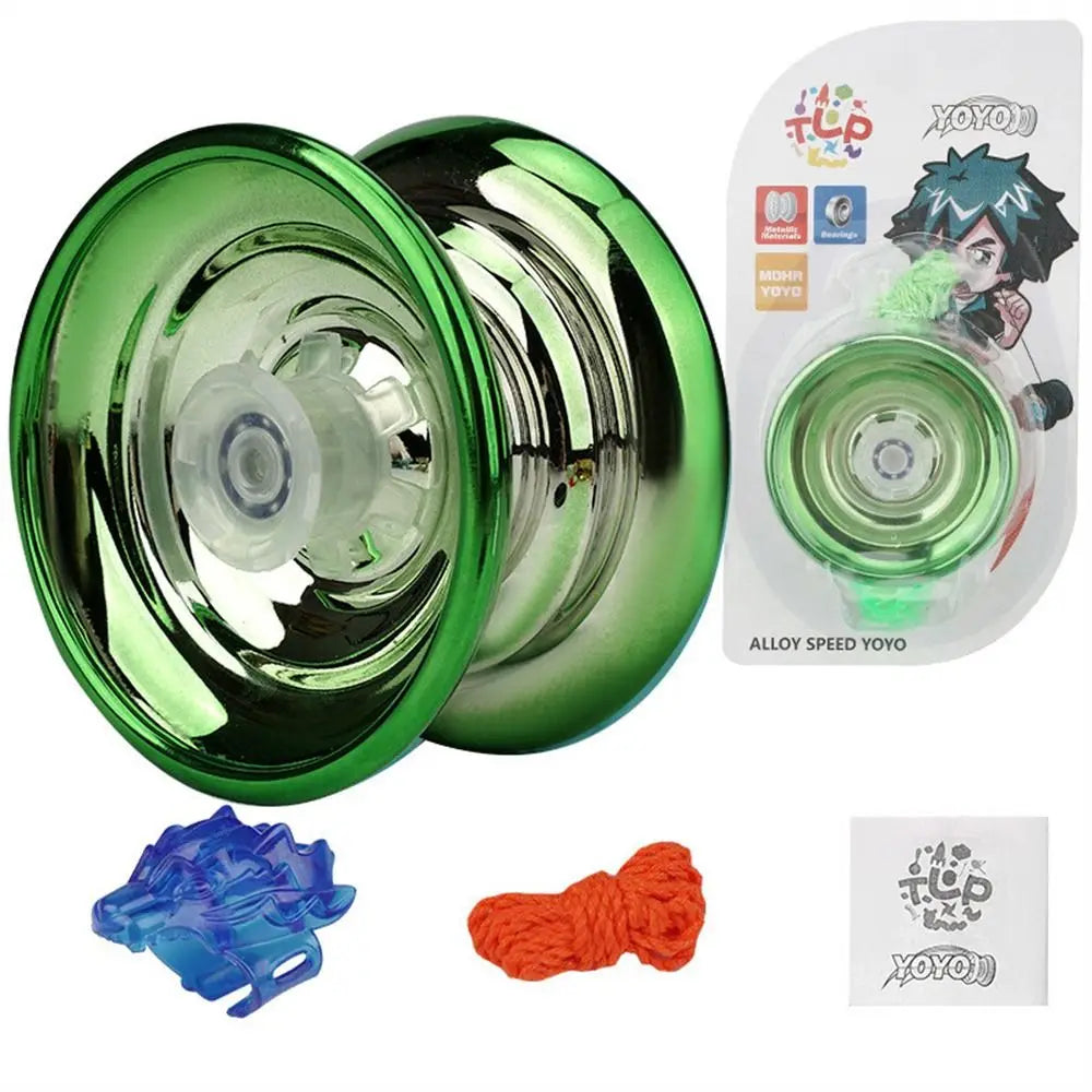 A green professional aluminum yo-yo with a clear center and an accompanying YoYo product package.