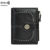 Black leather wallet with RFID protection and multiple card slots