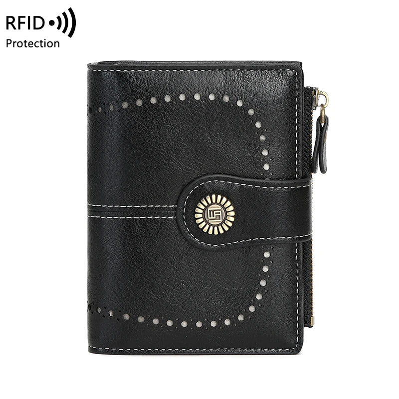 Black leather wallet with RFID protection and multiple card slots