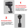 A black cordless handheld fan with a grip and a rechargeable battery compartment.
