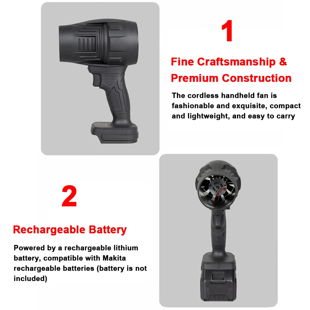 A black cordless handheld fan with a grip and a rechargeable battery compartment.