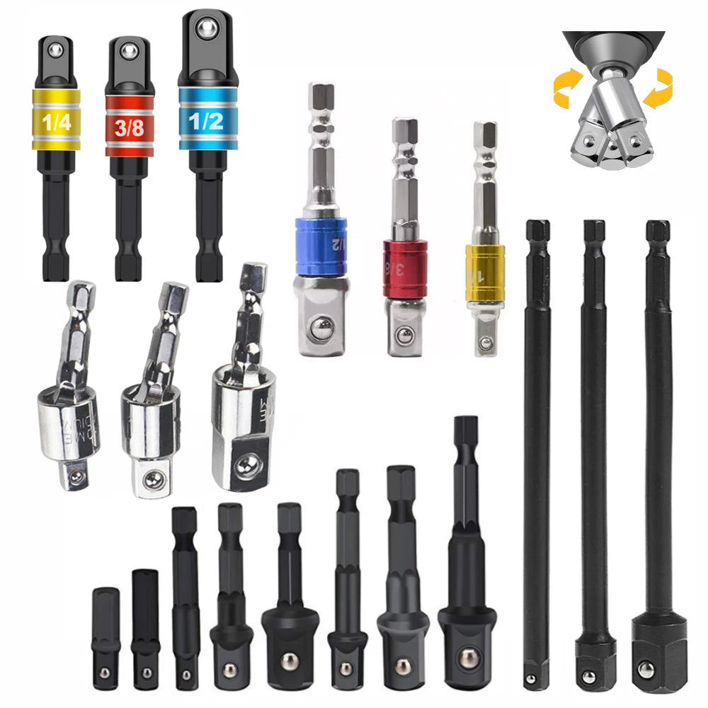 Hex Shank Socket Adapter Set for Power Drills (1/4, 3/8, 1/2 Inch)