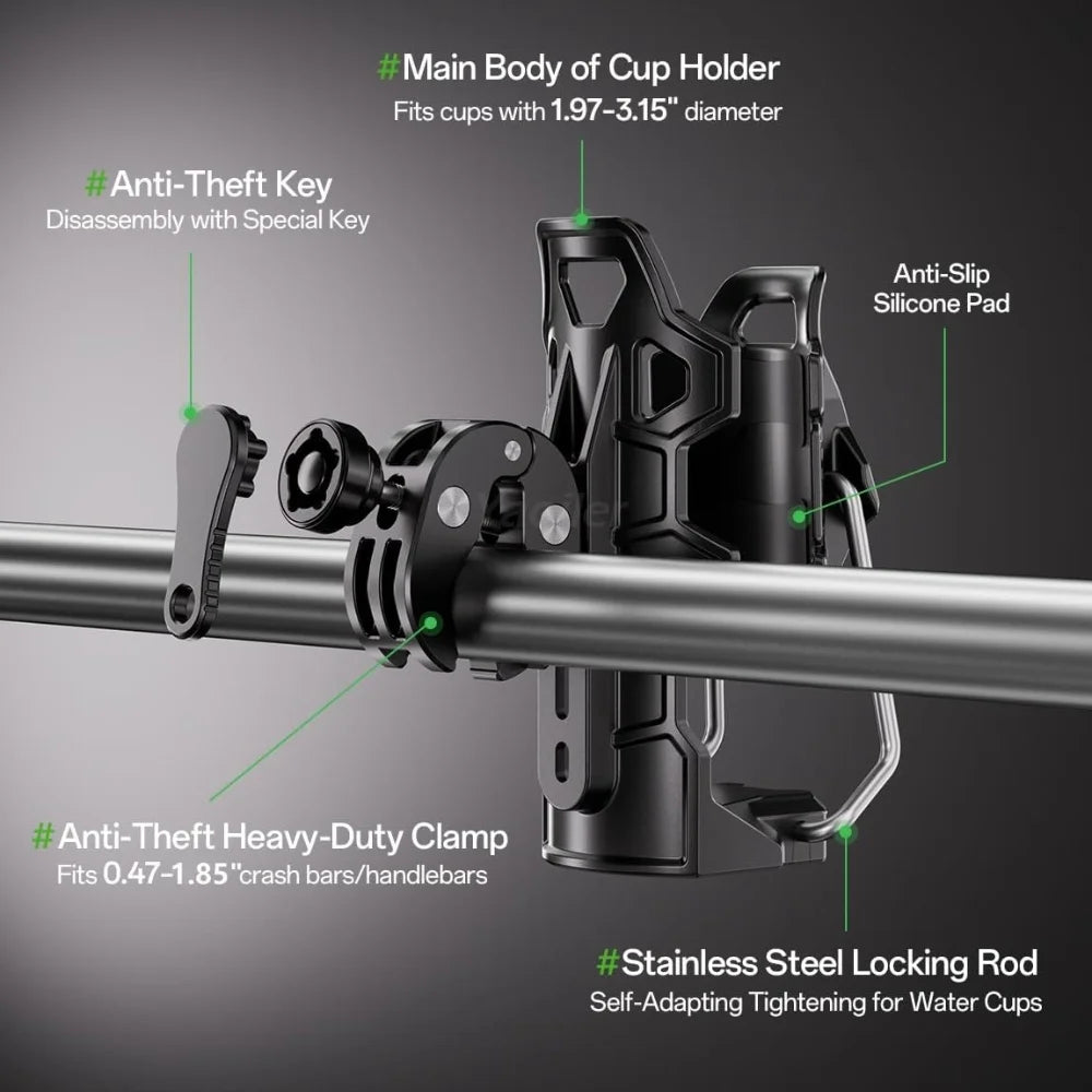 Adjustable Anti-Theft Motorcycle Cup Holder with 360° Rotation