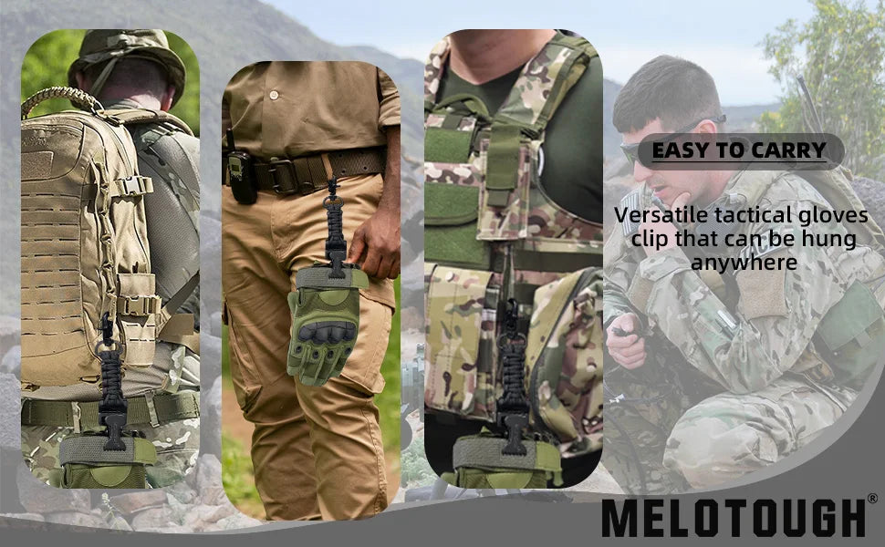 Un clip para guante táctico llevado en un chaleco militar y cinturón de herramientas para fácil acceso.