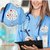 A female nurse wearing blue scrubs holds a black badge holder with an ID clip and a heart-shaped cloud design.