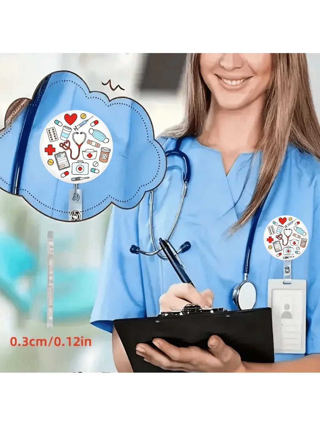 A female nurse wearing blue scrubs holds a black badge holder with an ID clip and a heart-shaped cloud design.