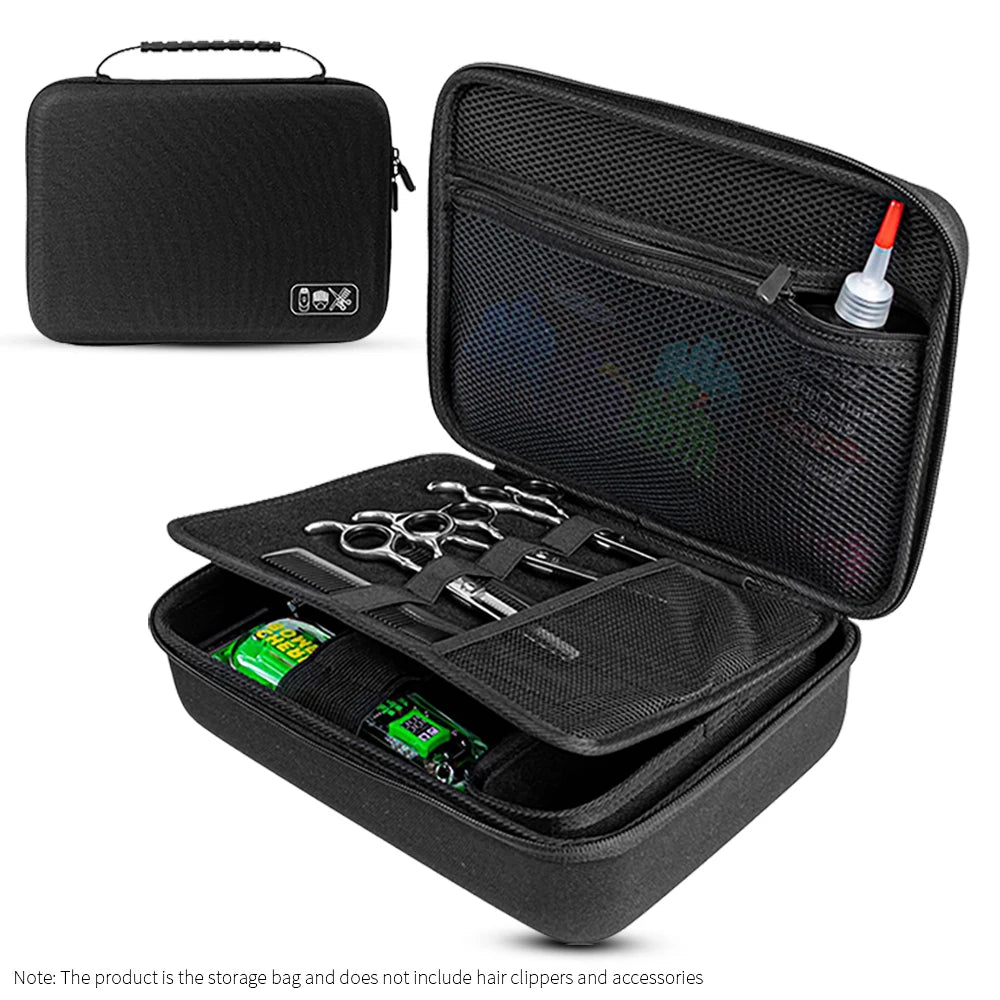 Black hard-shell travel case for storing hair clippers and accessories with a removable lid