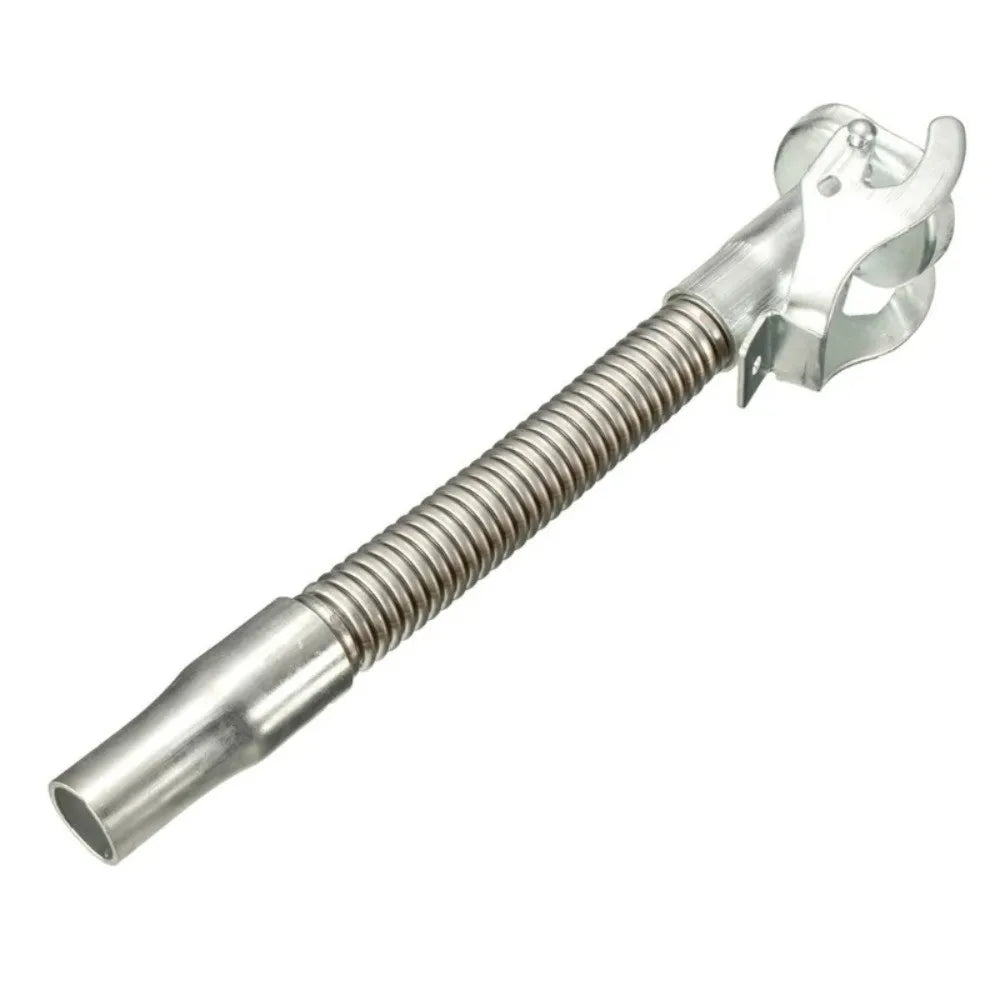 A silver universal jerry can spout with a leak-proof seal and threaded body.