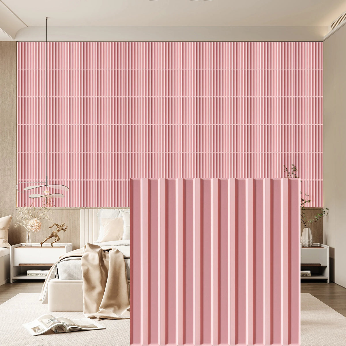 Pink vertical slat wall panels in a modern interior setting with a pink striped wallpaper backdrop.