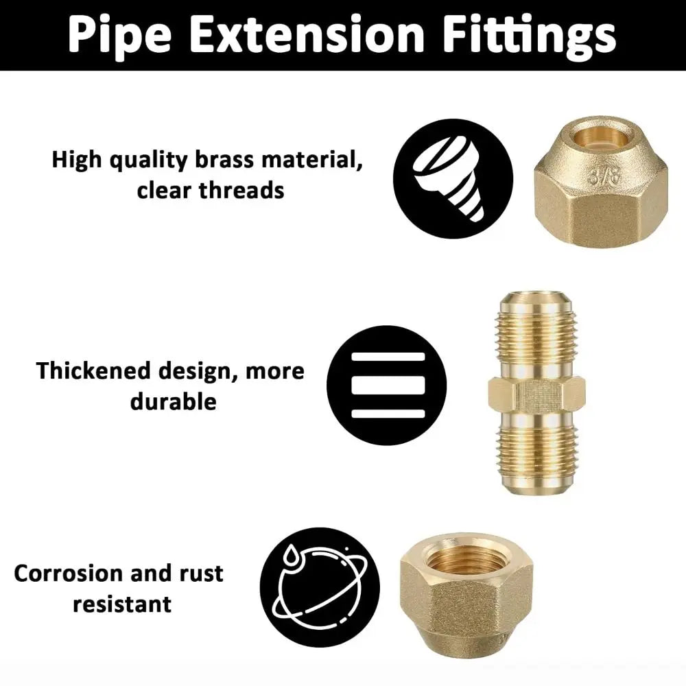 Diagram showing features of pipe extension fittings including high quality brass material, clear threads, thickened design, a