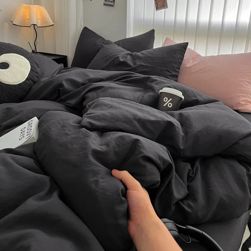 Solid Black Microfiber Duvet Cover Set with Pillowcases