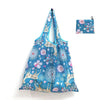 A blue floral reusable shopping tote bag with a matching fabric carry pouch.