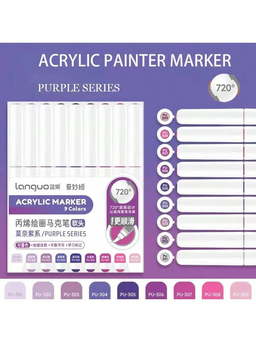 A set of 9 purple acrylic paint markers with 720 degree tips for art and DIY projects.
