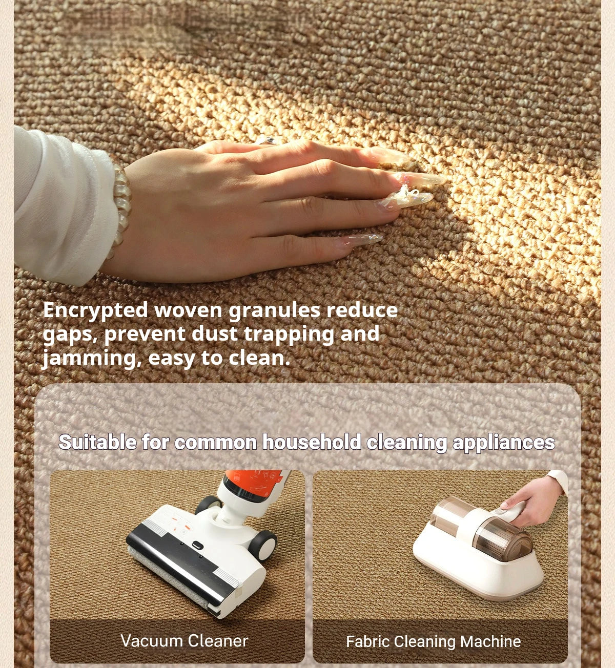 A hand is shown resting on a woven rug, with text describing how encrypted woven granules reduce gaps and prevent dust trappi