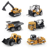 A set of six die-cast construction truck toys including an excavator, loader, and tractor in yellow and black.
