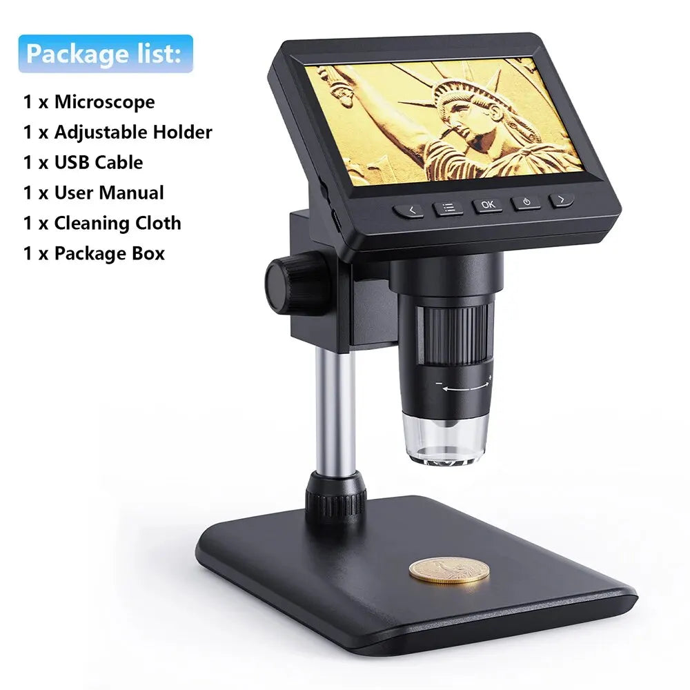 A black digital microscope with an adjustable holder and accessories displayed on a stand.