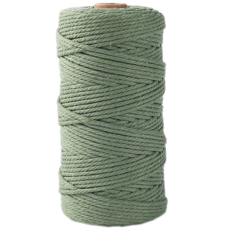 A spool of light green macrame cord, 3mm/4mm thickness, used for crafting.